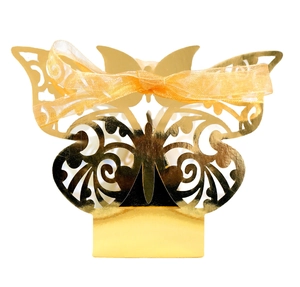 Elegant gold laser-cut butterfly wedding candy box with a matching organza ribbon tie