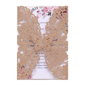 Elegant rose gold glitter laser cut wedding invitation with hollow floral butterfly design