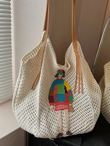 White crochet tote bag with stylish girl embroidery and brown leather shoulder straps