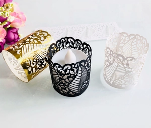 Laser cut lace candle wraps in black gold and white for LED tea lights and party decor