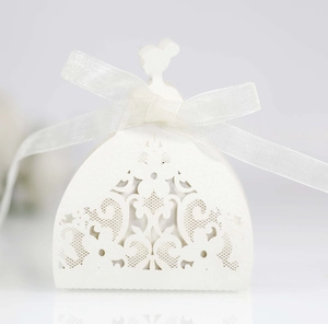 Laser-cut white wedding favor box featuring elegant bridal gown silhouette and ribbon