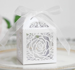 Detailed laser cut white rose hollow candy box with ribbon for wedding party gift