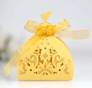 Elegant yellow butterfly candy box with laser-cut floral pattern and organza ribbon