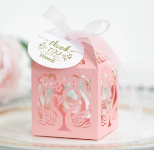 Pink laser-cut swan heart wedding candy box with ribbon and thank you tag