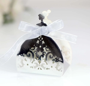 Elegant bridal gown candy gift box with hollow laser-cut lace and silver satin ribbon