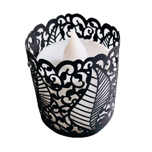 Hollow gold paper lampshade with black lace pattern and LED flameless candle light