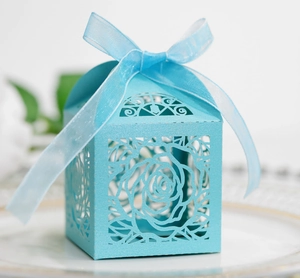 Detail of light blue laser-cut rose gift box with pearlescent finish and ribbon bow