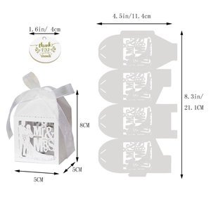 Detailed size chart of white laser-cut Mr & Mrs wedding candy box with floral thank you tag