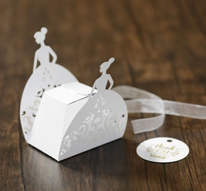 Detail of white laser-cut bride silhouette gift box with lace patterns and thank you tag