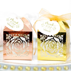 Detailed laser-cut hollow rose pattern on rose gold and gold luxury wedding gift boxes