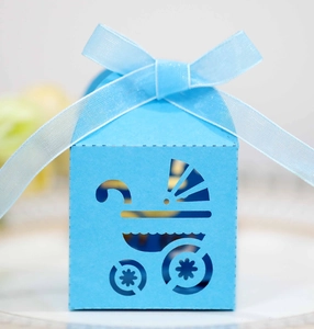 Sky blue laser-cut baby stroller candy box with elegant organza ribbon for parties