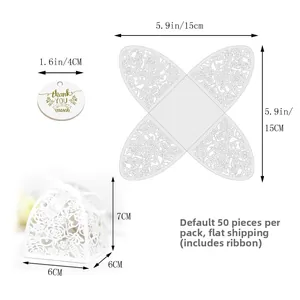 Detail showing the flat layout and assembled laser-cut wedding candy box with dimensions
