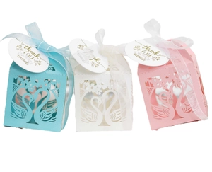 Laser cut swan candy boxes with ribbons and thank you tags for wedding favors