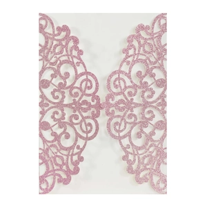 Pink glitter laser cut wedding invitation card with intricate floral lace pattern