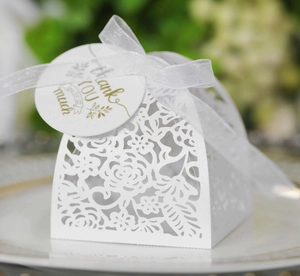 Detailed laser-cut white favor box with floral patterns and Thank You gift tag