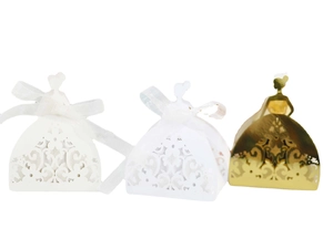 Laser cut hollow wedding favors candy box dress shape with white ribbons and gold finish