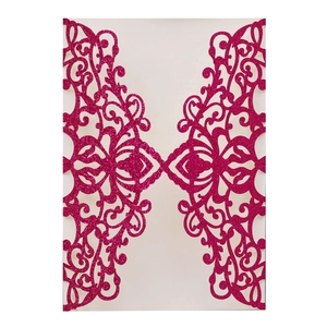 Detailed laser-cut wedding invitation cover with magenta glitter and floral patterns