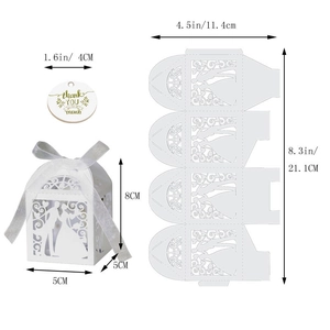 Boîte de mariage découpée au laser avec dimensions et vue détaillée de l'assemblage