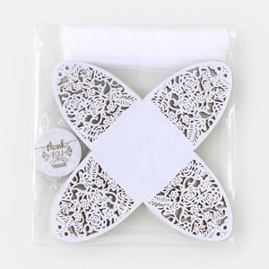 Detailed laser cut white floral gift box set with thank you tag and satin ribbon