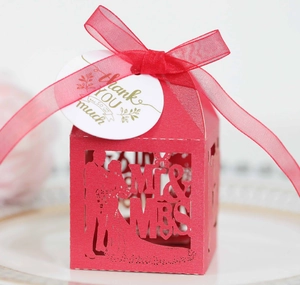 Detailed laser-cut wedding favor box with Mr & Mrs silhouette and thank you tag