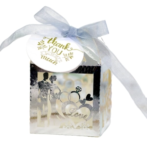 Silver laser cut wedding favor box with bride groom silhouette and thank you tag
