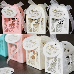 Laser Cut Wedding Favor Box With Thank You Tag And Ribbon Heart Rose Silhouette Hollow Candy Gift Box For Valentine Party