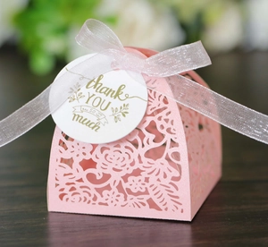 Detailed pink laser-cut gift box with rose pattern, ribbon and Thank You tag