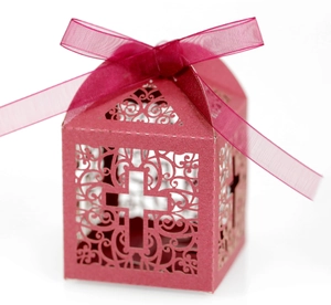 Detailed laser-cut hollow cross design on burgundy favor box with elegant organza ribbon