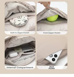 Multi-pocket canvas saddle bag showing front zip, inner compartments, and back pocket