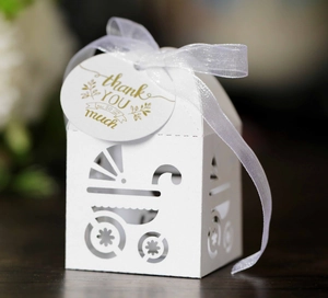 Laser-cut white gift box with stroller motif, organza ribbon, and thank you tag