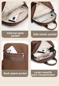Dettaglio degli scomparti interni dello zaino marrone con power bank e alcuni libri