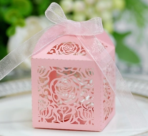 Detailed macro view of laser-cut rose patterns on pink paper gift box with ribbon