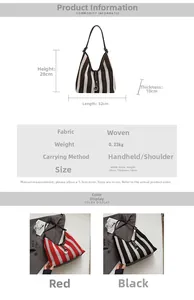 Detailed size chart showing striped woven tote dimensions 32x28x10cm in red and black colors
