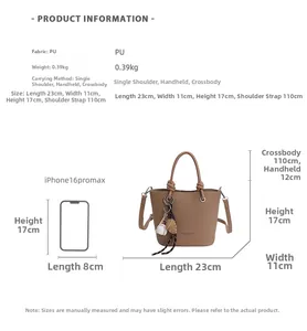 Size comparison of brown lychee texture bucket bag next to iPhone 16 Pro Max