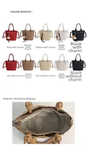 Detail view of colorful bucket bags with knotted handles and zipper interior storage