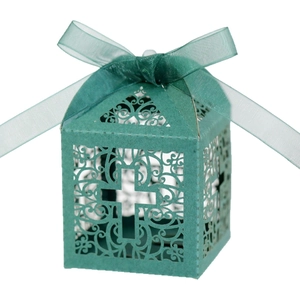 Teal laser-cut cross favor box with matching organza ribbon bow for wedding celebration