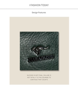 Detail of dark green pebble leather bag with premium metallic kangaroo brand logo