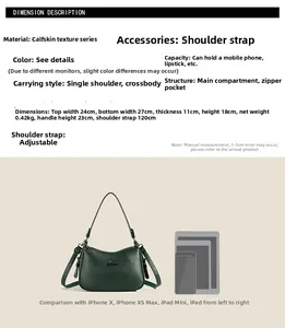 Size comparison of green leather crossbody bag with iPhone and detailed dimension chart