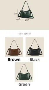 Detailed size chart 27x11x18cm and color options for women's litchi grain shoulder bag