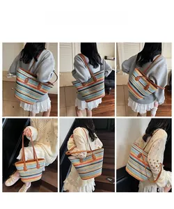 Collage of model wearing a striped straw tote bag with brown leather straps in various poses