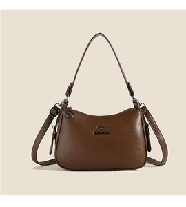 Close-up of brown litchi pattern leather Hobo bag with kangaroo logo and silver hardware