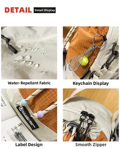 Detailed views of waterproof fabric texture with tennis racket charm and sturdy zippers