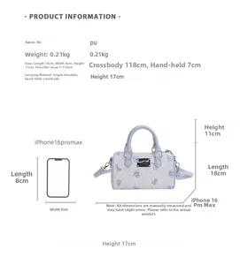 Size chart for PU boston bag showing dimensions and iPhone comparison detail