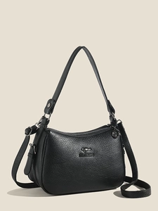 Elegant black lychee texture leather shoulder bag with silver kangaroo logo for women