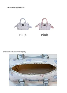 Detail showing the large opening and interior space of two printed Boston handbags
