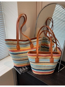 Handmade Woven Straw Tote Bag For Women Summer Beach Vacation Multicolor Striped Large Capacity Shoulder Bag Casual Handbag