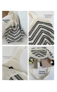 Viste dettagliate della borsa tote in maglia a righe con trama e manici rinforzati