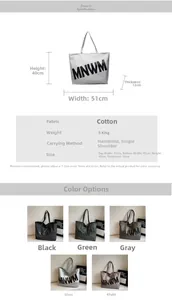 Detailed size chart and multi-color options for the large MNWM canvas tote shoulder bag