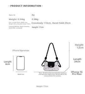 Größentabelle für PU-Schultertasche mit Maßen und iPhone 16 Pro Max Vergleich