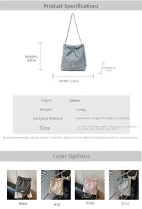 Detail view of colorful fabric bucket bags showing chain straps and size dimensions
